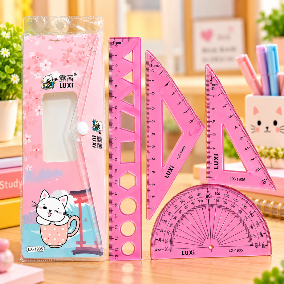 LUXI Cute Cartoon Geometry Box Set with Pouch – 4 PCS Transparent Ruler, Set Squares & Protractor | School Maths Stationery Kit for Kids – Pink, Blue & Green