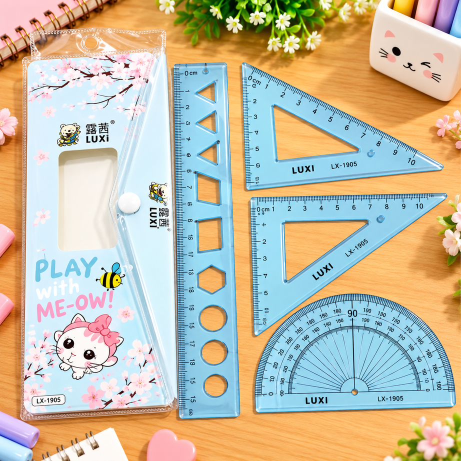 LUXI Cute Cartoon Geometry Box Set with Pouch – 4 PCS Transparent Ruler, Set Squares & Protractor | School Maths Stationery Kit for Kids – Pink, Blue & Green