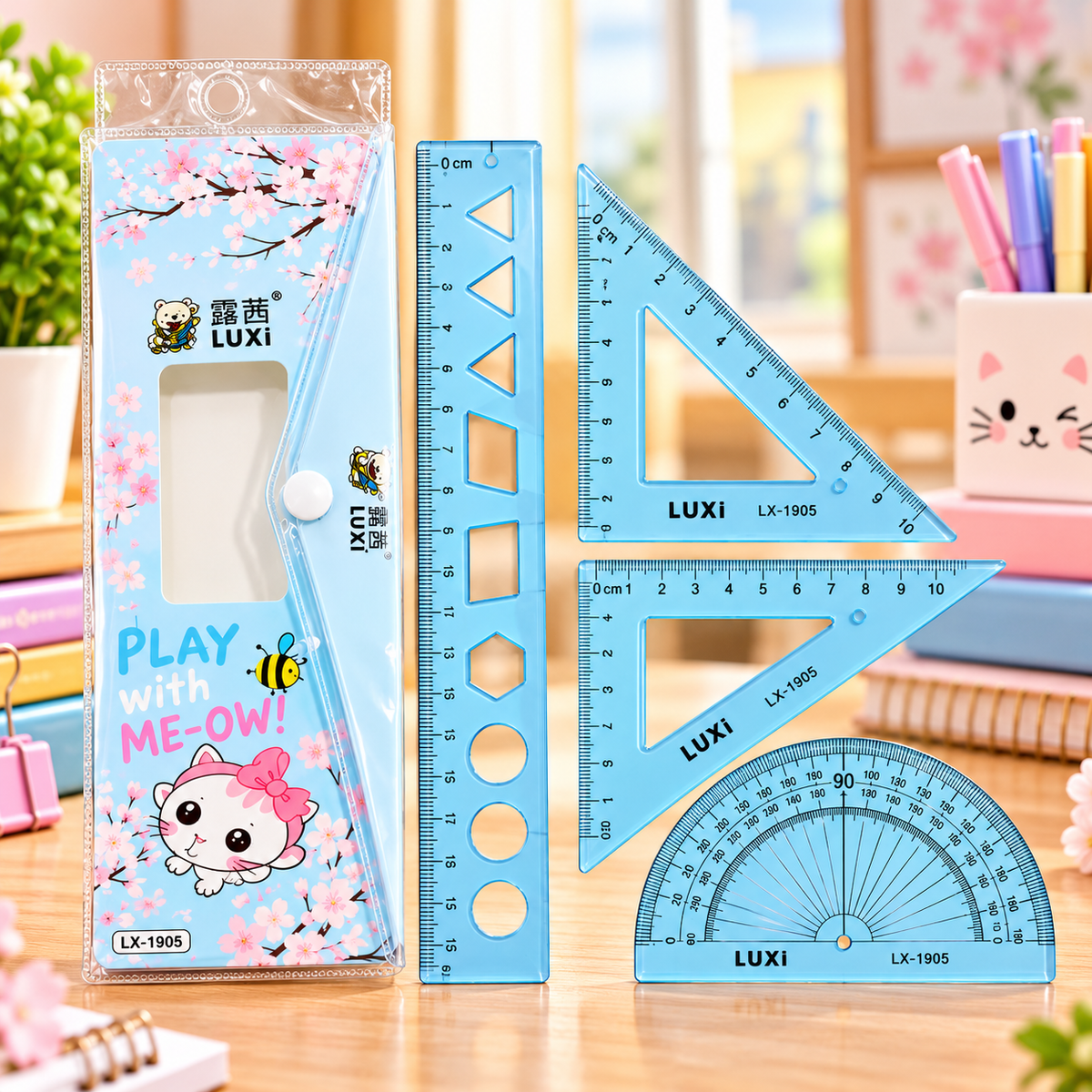 LUXI Cute Cartoon Geometry Box Set with Pouch – 4 PCS Transparent Ruler, Set Squares & Protractor | School Maths Stationery Kit for Kids – Pink, Blue & Green