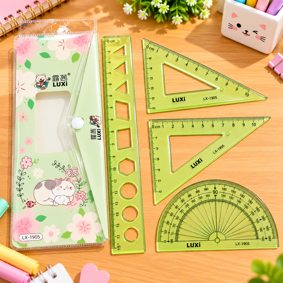 LUXI Cute Cartoon Geometry Box Set with Pouch – 4 PCS Transparent Ruler, Set Squares & Protractor | School Maths Stationery Kit for Kids – Pink, Blue & Green