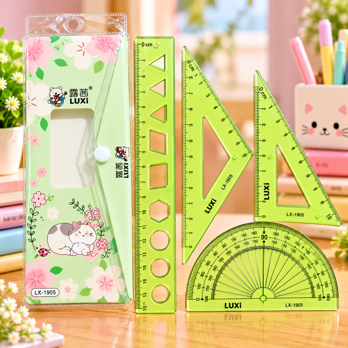 LUXI Cute Cartoon Geometry Box Set with Pouch – 4 PCS Transparent Ruler, Set Squares & Protractor | School Maths Stationery Kit for Kids – Pink, Blue & Green