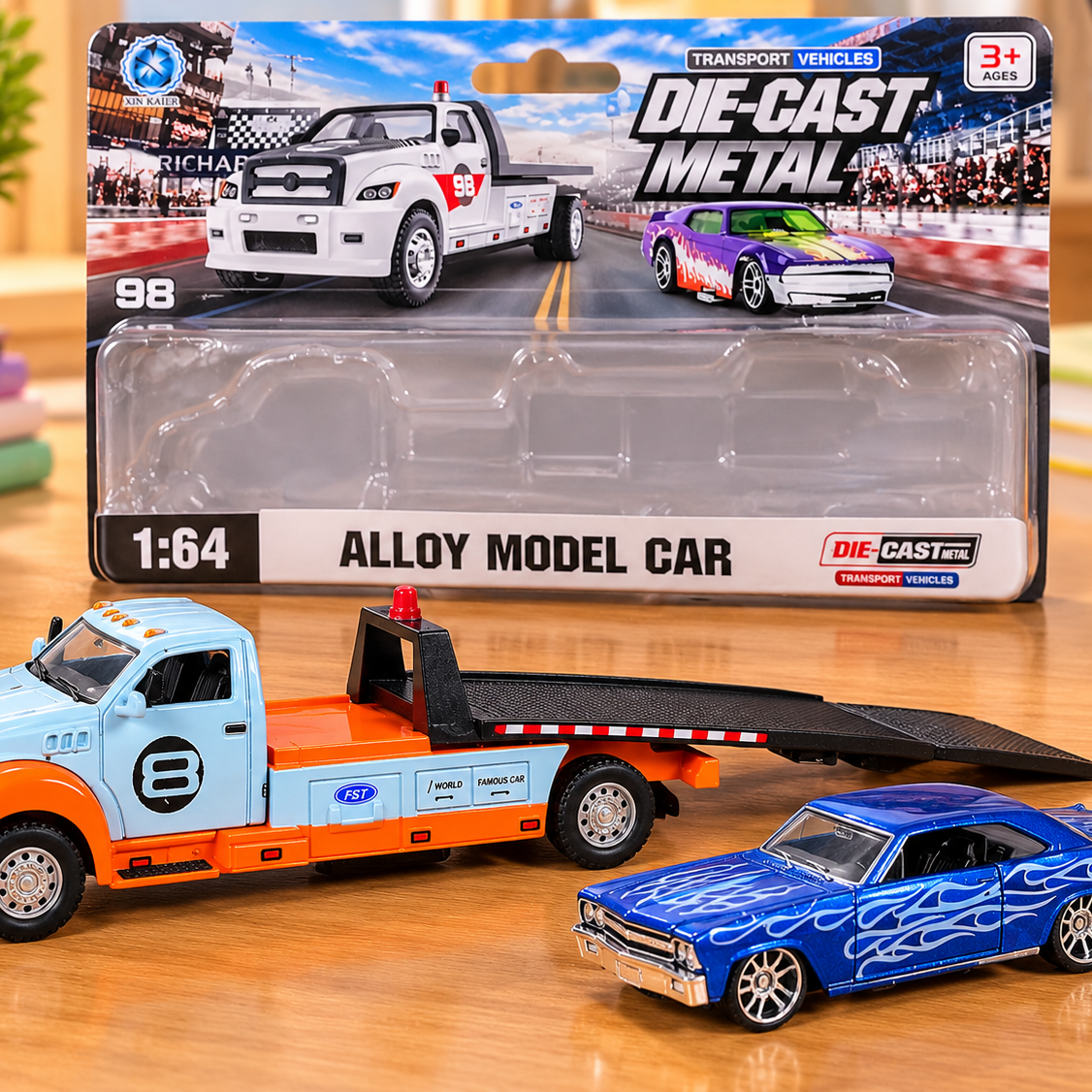 1:64 Die-Cast Metal Tow Truck with Sports Car – 2-in-1 Alloy Car Carrier & Racing Vehicle Toy Set for Kids | Transport Truck & Miniature Car Collection | Assorted Colours