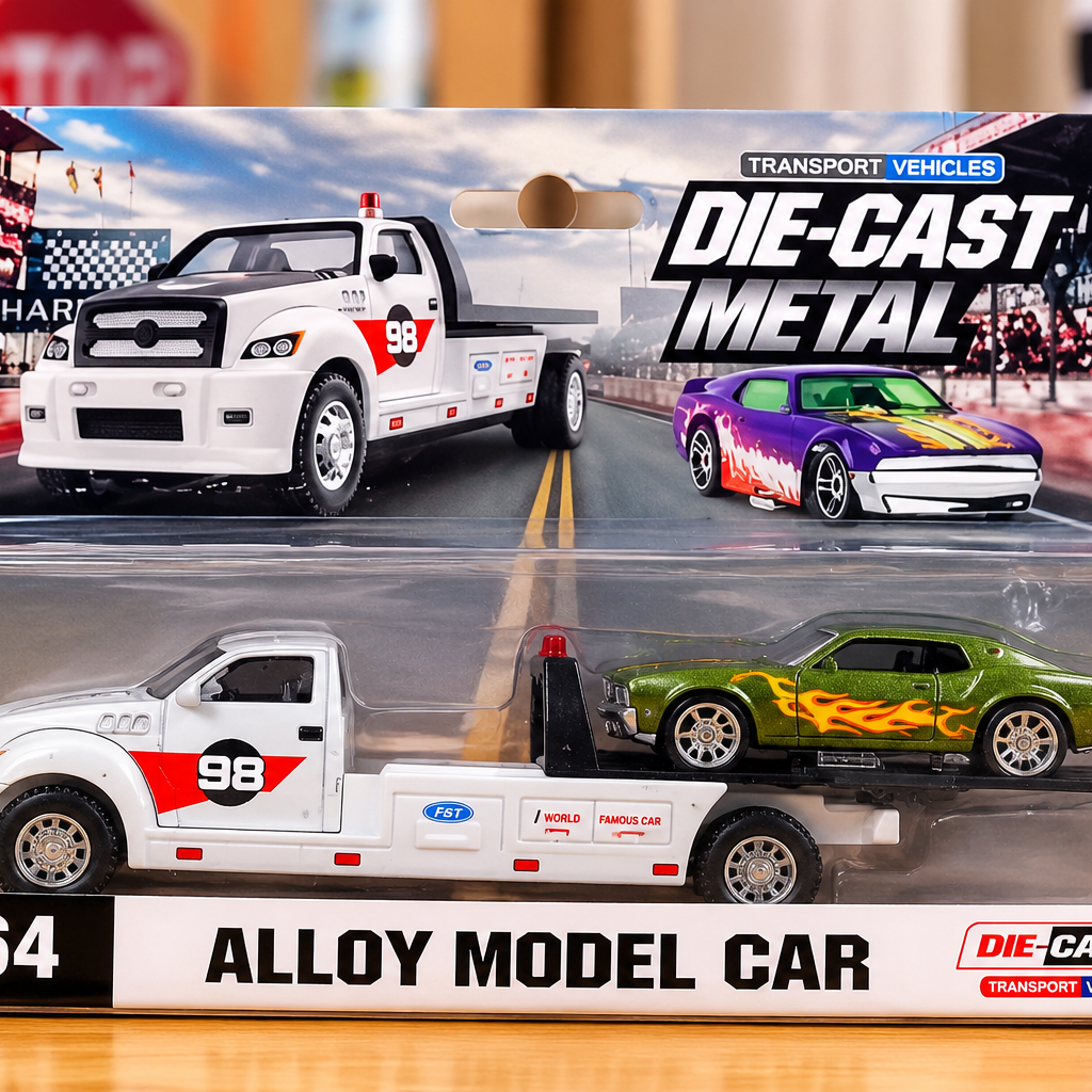 1:64 Die-Cast Metal Tow Truck with Sports Car – 2-in-1 Alloy Car Carrier & Racing Vehicle Toy Set for Kids | Transport Truck & Miniature Car Collection | Assorted Colours
