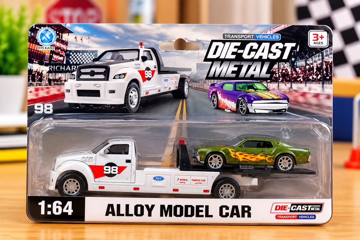1:64 Die-Cast Metal Tow Truck with Sports Car – 2-in-1 Alloy Car Carrier & Racing Vehicle Toy Set for Kids | Transport Truck & Miniature Car Collection | Assorted Colours