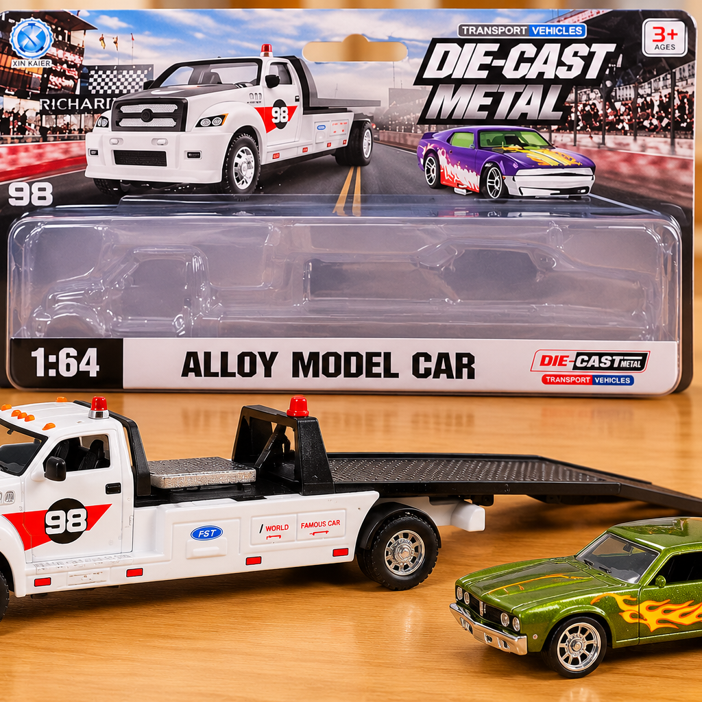 1:64 Die-Cast Metal Tow Truck with Sports Car – 2-in-1 Alloy Car Carrier & Racing Vehicle Toy Set for Kids | Transport Truck & Miniature Car Collection | Assorted Colours