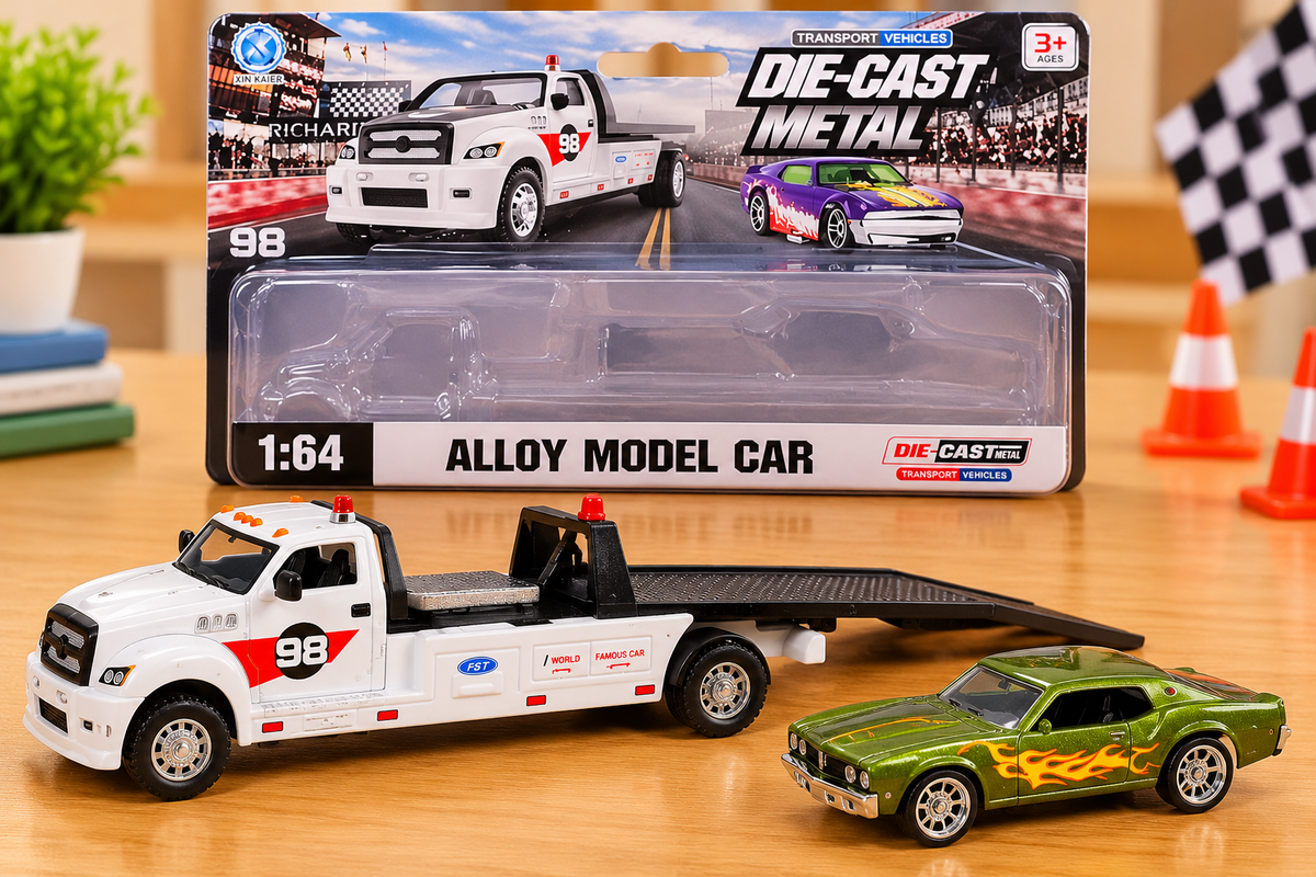 1:64 Die-Cast Metal Tow Truck with Sports Car – 2-in-1 Alloy Car Carrier & Racing Vehicle Toy Set for Kids | Transport Truck & Miniature Car Collection | Assorted Colours