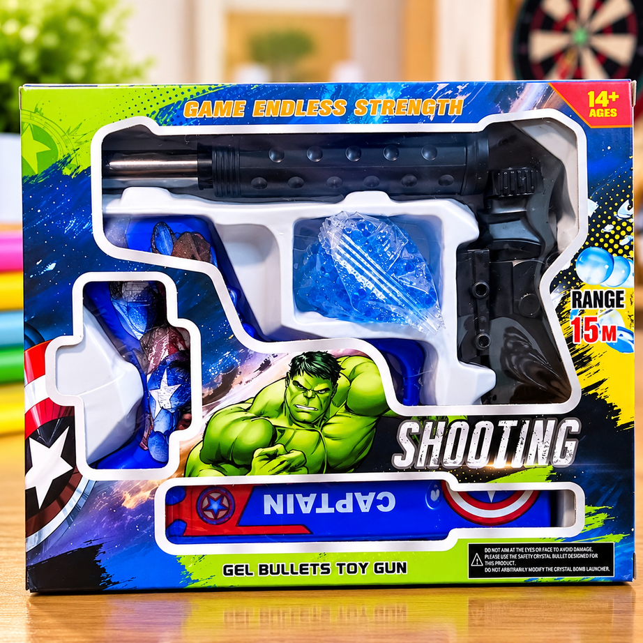 Superhero Theme Gel Bullet Toy Gun Set – Bumblebee Yellow & Captain Blue Shooting Blaster with Accessories | 15M Range | 14+ Years