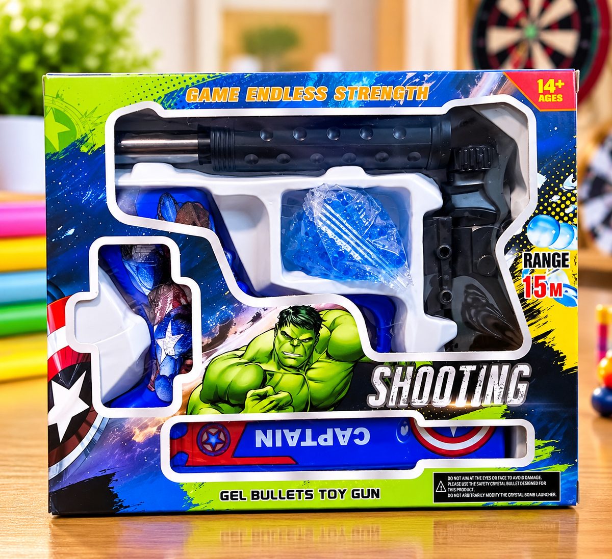 Superhero Theme Gel Bullet Toy Gun Set – Bumblebee Yellow & Captain Blue Shooting Blaster with Accessories | 15M Range | 14+ Years