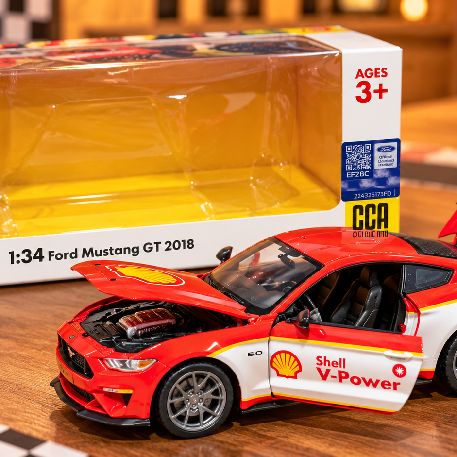 CCA Ford Mustang GT 2018 1:34 Scale Die-Cast Toy Car – Shell V-Power Racing Edition | Red & White
