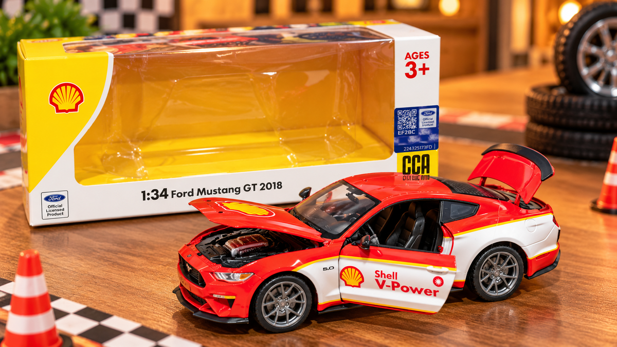 CCA Ford Mustang GT 2018 1:34 Scale Die-Cast Toy Car – Shell V-Power Racing Edition | Red & White