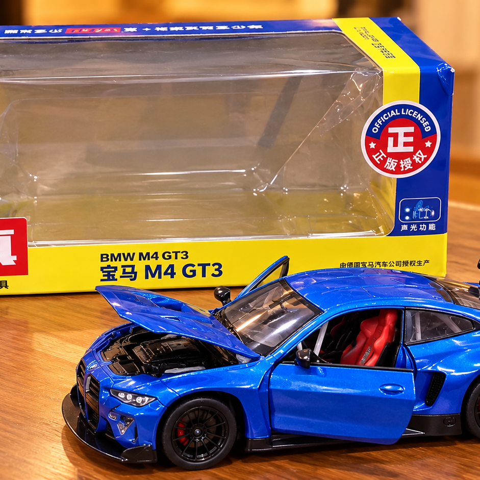 BMW M4 GT3 1:32 Scale Die-Cast Model Car – Metallic Blue | Official Licensed Racing Car Toy with Light & Sound Features