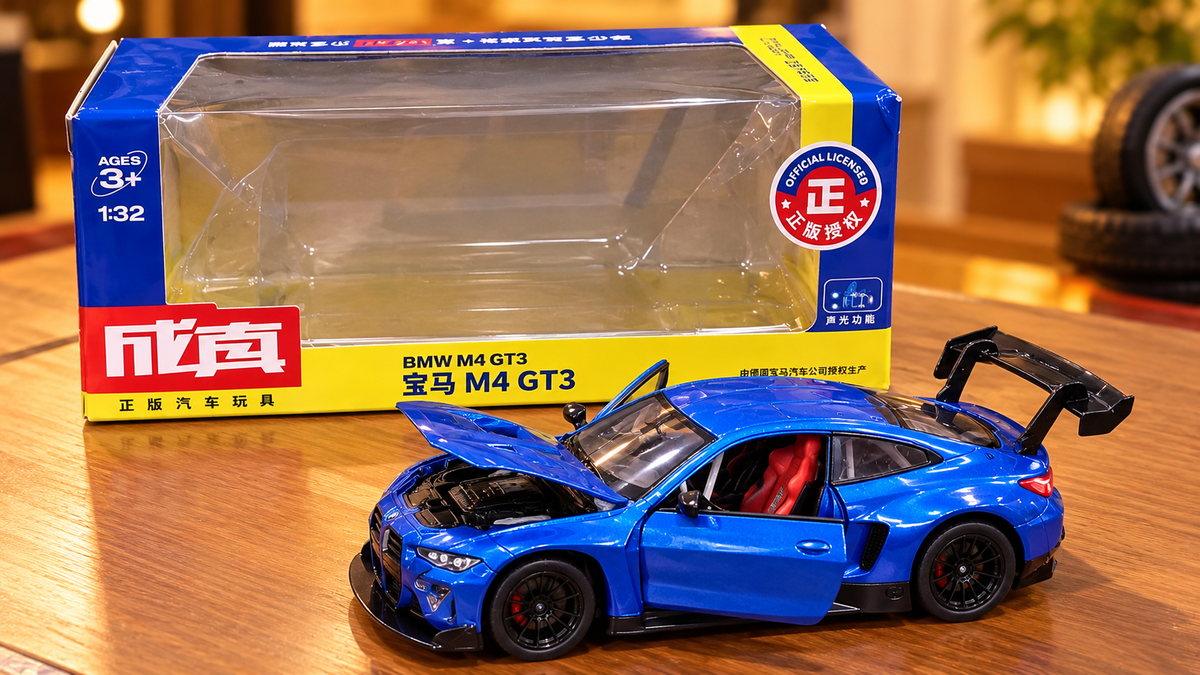 BMW M4 GT3 1:32 Scale Die-Cast Model Car – Metallic Blue | Official Licensed Racing Car Toy with Light & Sound Features