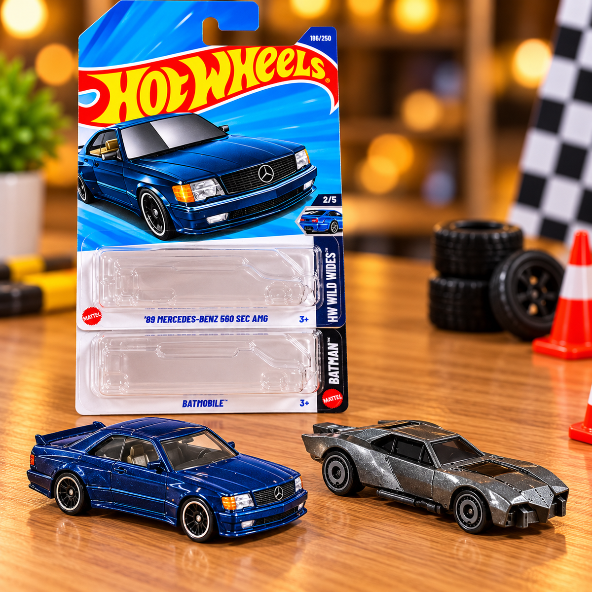 1 +1 Hot Wheels Combo- '89 Mercedes-Benz 560 SEC AMG & Batmobile Die-Cast Toy Cars – 2 Car Collectible Combo | HW Wild Wides & Batman Series | Mattel Miniature Cars