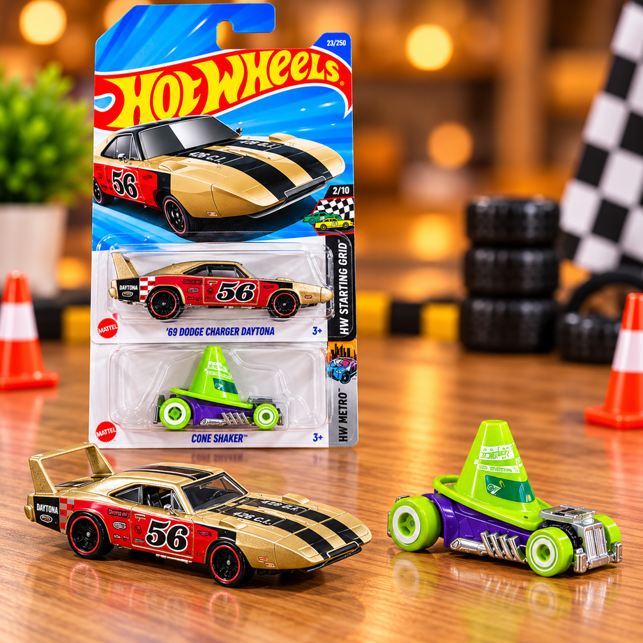 1+1 Hot Wheels Combo '69 Dodge Charger Daytona & Cone Shaker Die-Cast Toy Cars – 2 Car Collectible Combo | HW Starting Grid & HW Metro Series | Mattel Miniature Racing Cars