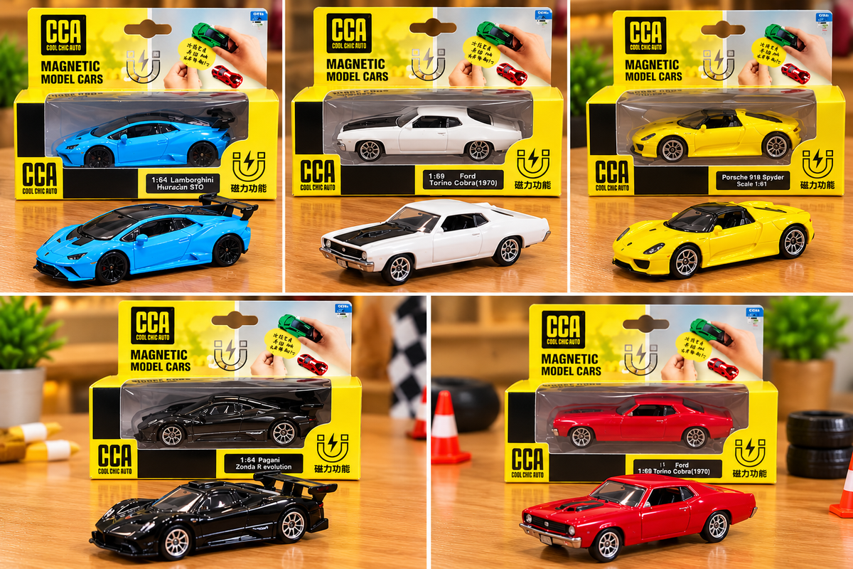 CCA Magnetic Die-Cast Model Cars 1:64 Scale – Premium Miniature Sports & Classic Car Collection with Magnetic Function | Lamborghini, Porsche, Pagani & Ford | Assorted Models