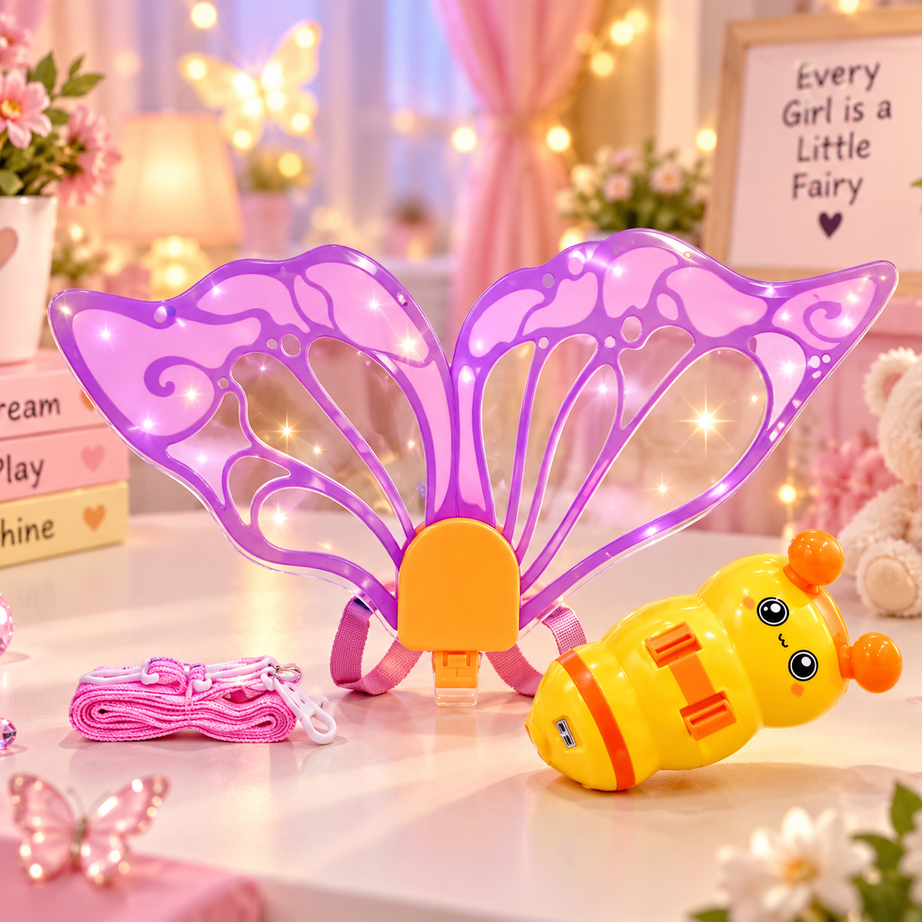 LED Light-Up Butterfly Fairy Wings for Kids – Magical Glowing Fairy Costume Wings with Cute Bee Design | Fancy Dress & Pretend Play Toy