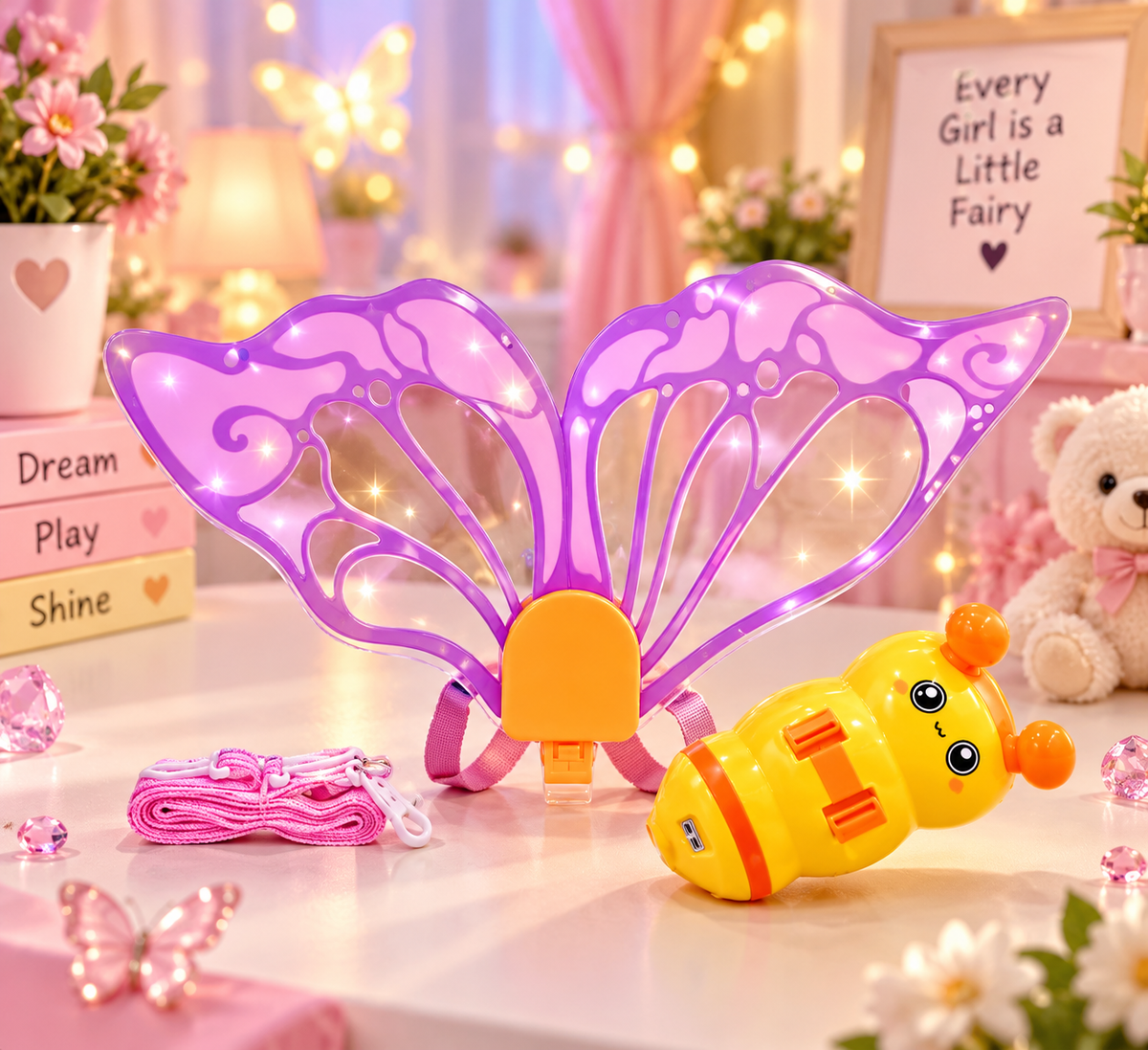 LED Light-Up Butterfly Fairy Wings for Kids – Magical Glowing Fairy Costume Wings with Cute Bee Design | Fancy Dress & Pretend Play Toy