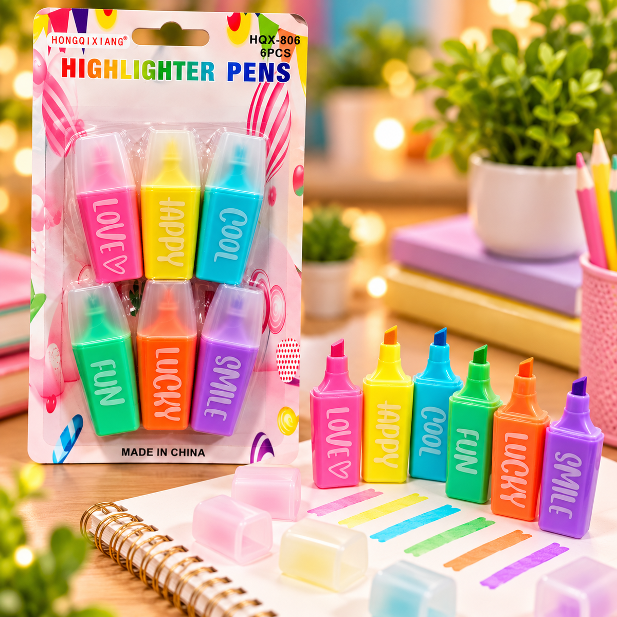 Cute Mini Highlighter Pens Set of 6 – Colourful Chisel Tip Markers for Students, School, Office, Journaling & Creative Stationery