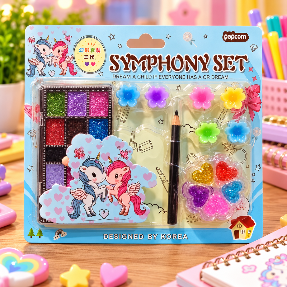 Cute Unicorn Symphony Makeup & Beauty Play Set for Kids – Colourful Glitter Palette, Flower Accessories & Heart-Shaped Glitter Set | Pink & Blue Variants