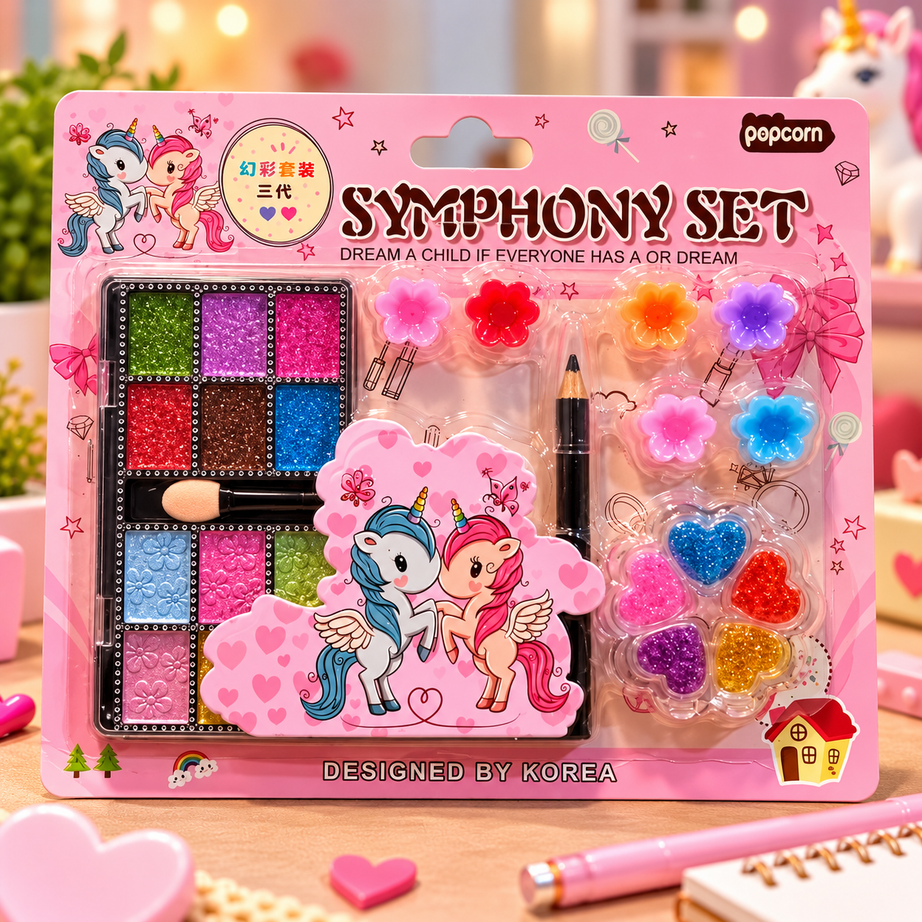Cute Unicorn Symphony Makeup & Beauty Play Set for Kids – Colourful Glitter Palette, Flower Accessories & Heart-Shaped Glitter Set | Pink & Blue Variants