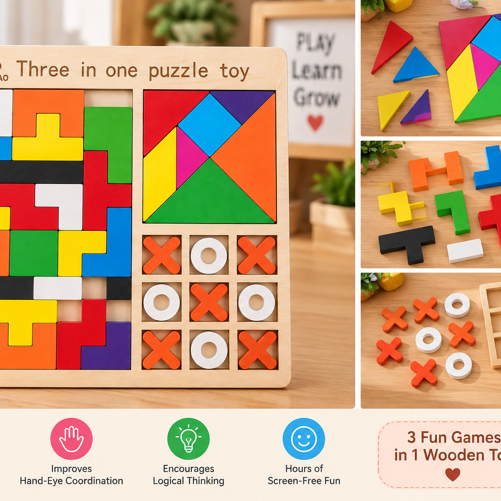 3-in-1 Wooden Puzzle Game for Kids – Colourful Block Puzzle, Tangram & Tic Tac Toe Educational Learning Toy