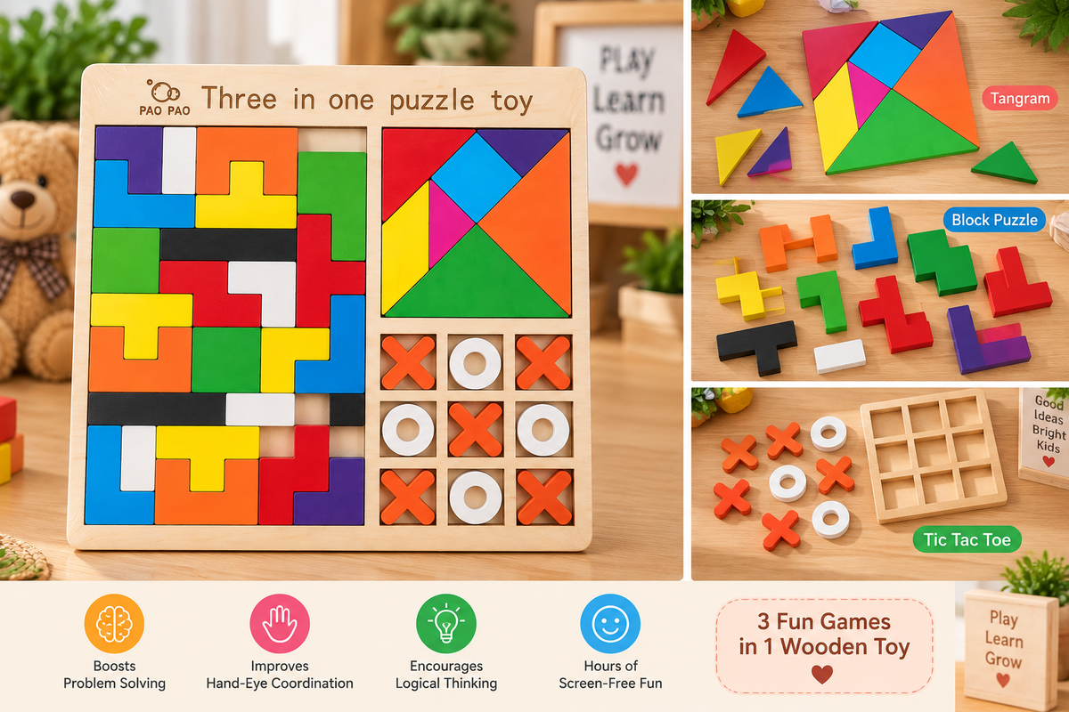 3-in-1 Wooden Puzzle Game for Kids – Colourful Block Puzzle, Tangram & Tic Tac Toe Educational Learning Toy