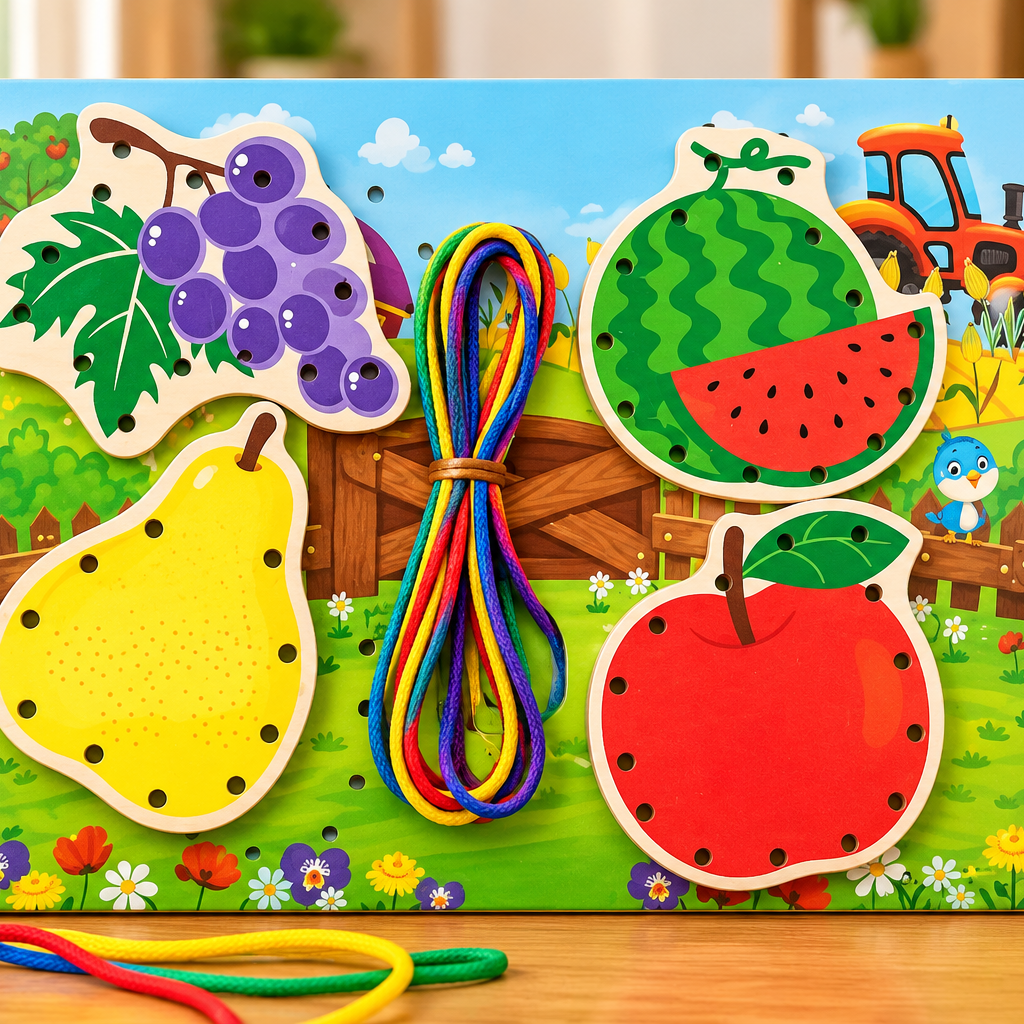 Wooden Fruit Lacing & Threading Activity Board for Kids – Fine Motor Skills, Hand-Eye Coordination & Early Learning Toy