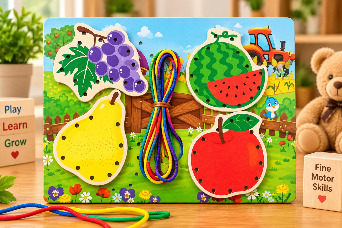 Wooden Fruit Lacing & Threading Activity Board for Kids – Fine Motor Skills, Hand-Eye Coordination & Early Learning Toy