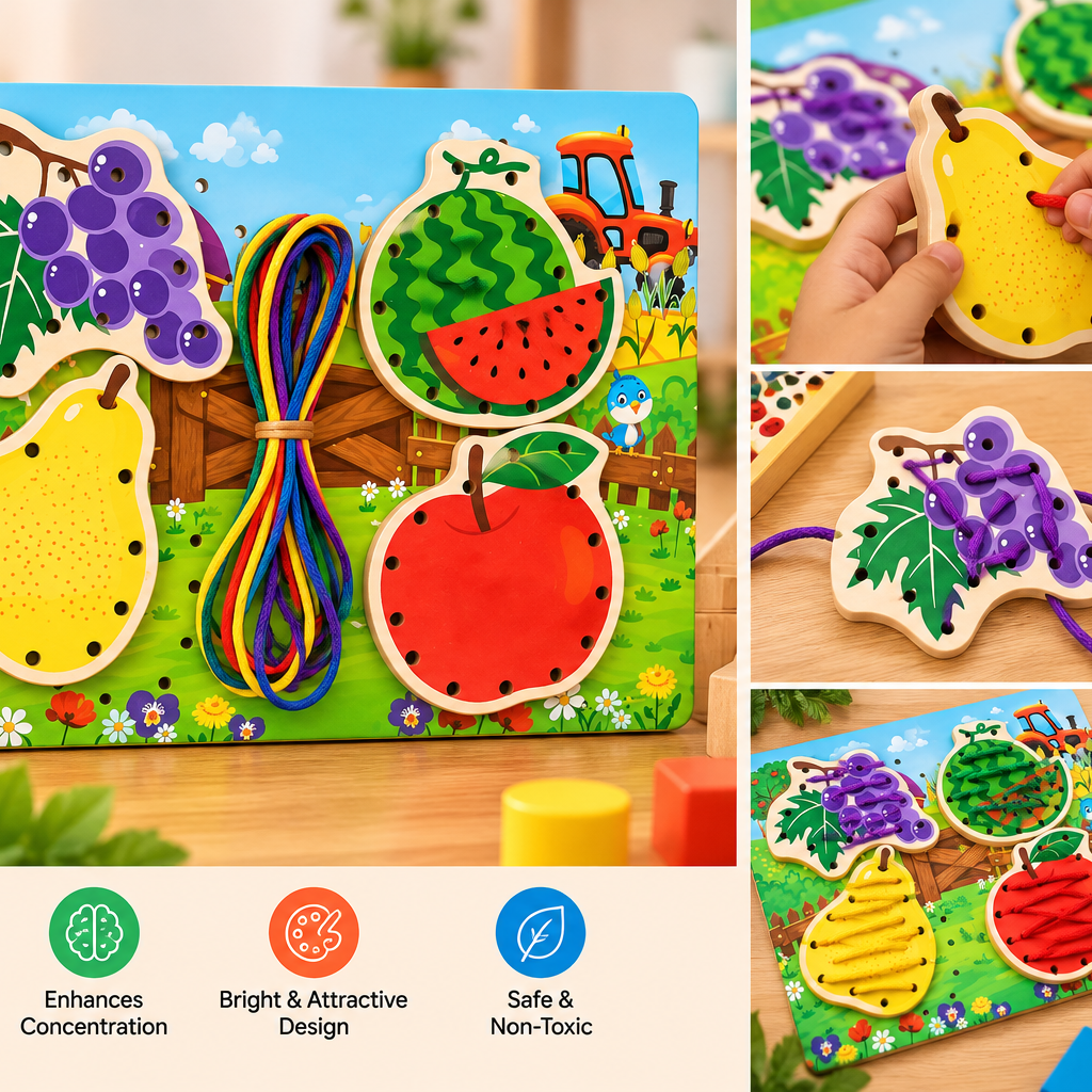 Wooden Fruit Lacing & Threading Activity Board for Kids – Fine Motor Skills, Hand-Eye Coordination & Early Learning Toy