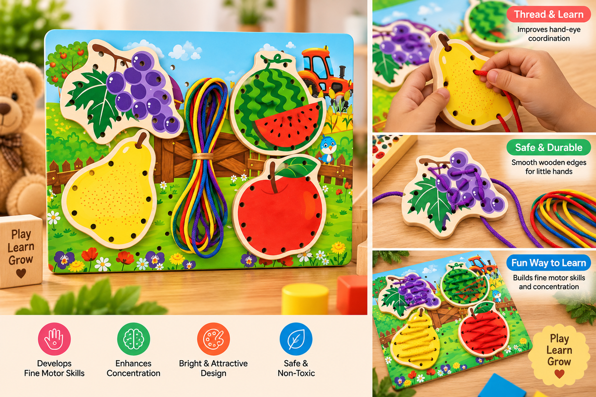 Wooden Fruit Lacing & Threading Activity Board for Kids – Fine Motor Skills, Hand-Eye Coordination & Early Learning Toy