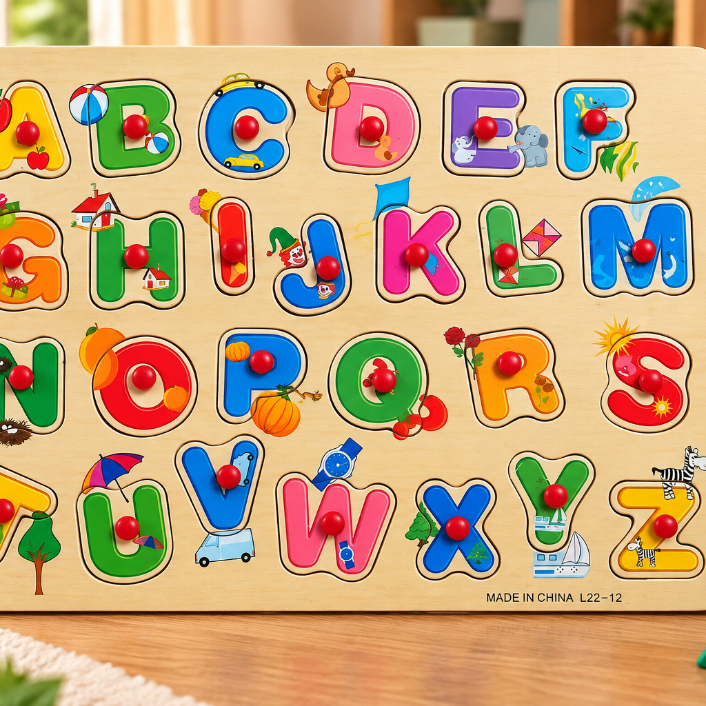 Wooden A–Z Alphabet Peg Puzzle for Kids – Colourful ABC Learning Board with Easy-Grip Knobs – Early Learning & Fine Motor Educational Toy
