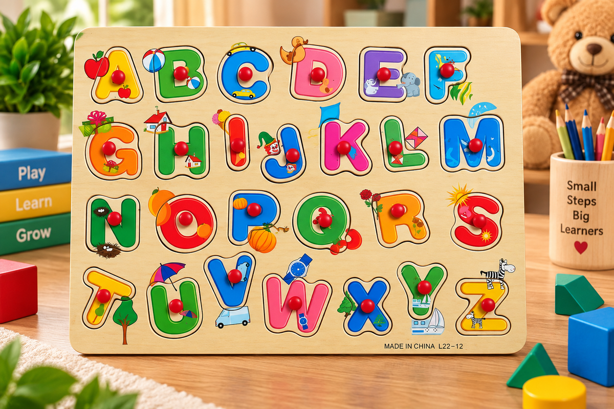 Wooden A–Z Alphabet Peg Puzzle for Kids – Colourful ABC Learning Board with Easy-Grip Knobs – Early Learning & Fine Motor Educational Toy