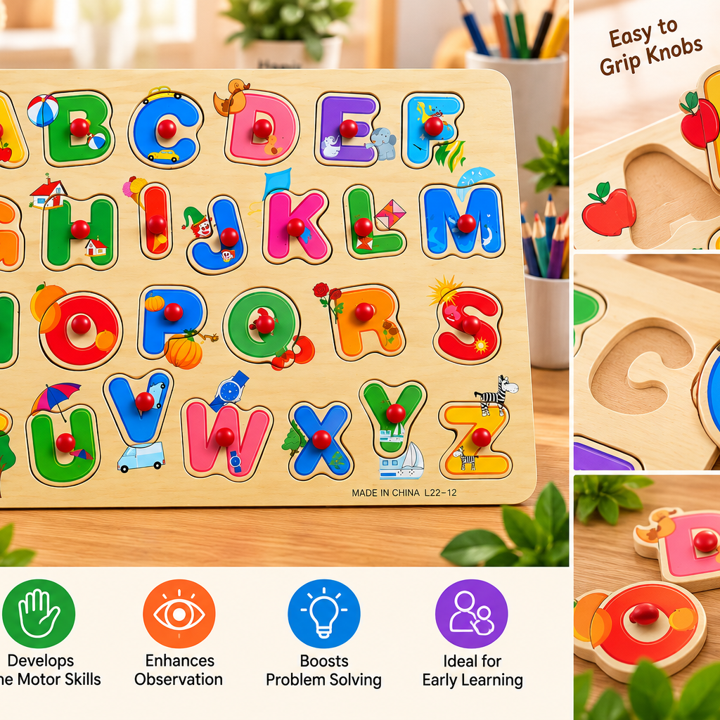 Wooden A–Z Alphabet Peg Puzzle for Kids – Colourful ABC Learning Board with Easy-Grip Knobs – Early Learning & Fine Motor Educational Toy