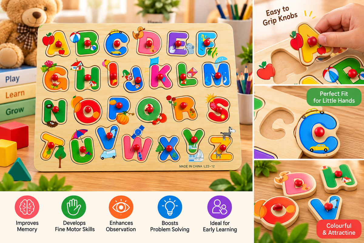 Wooden A–Z Alphabet Peg Puzzle for Kids – Colourful ABC Learning Board with Easy-Grip Knobs – Early Learning & Fine Motor Educational Toy