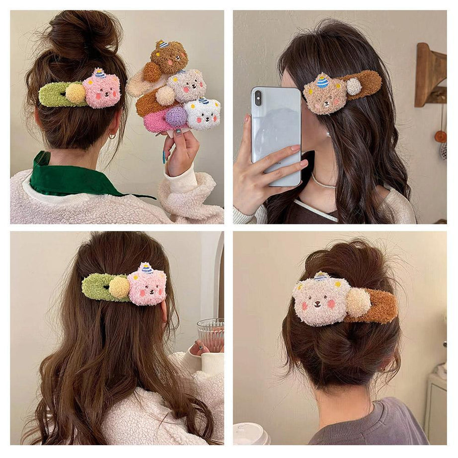 Cute Plush Cartoon Hair Clips for Kids | Soft Snap Clips with Adorable Character Design (Random Colour) 🧸🎀