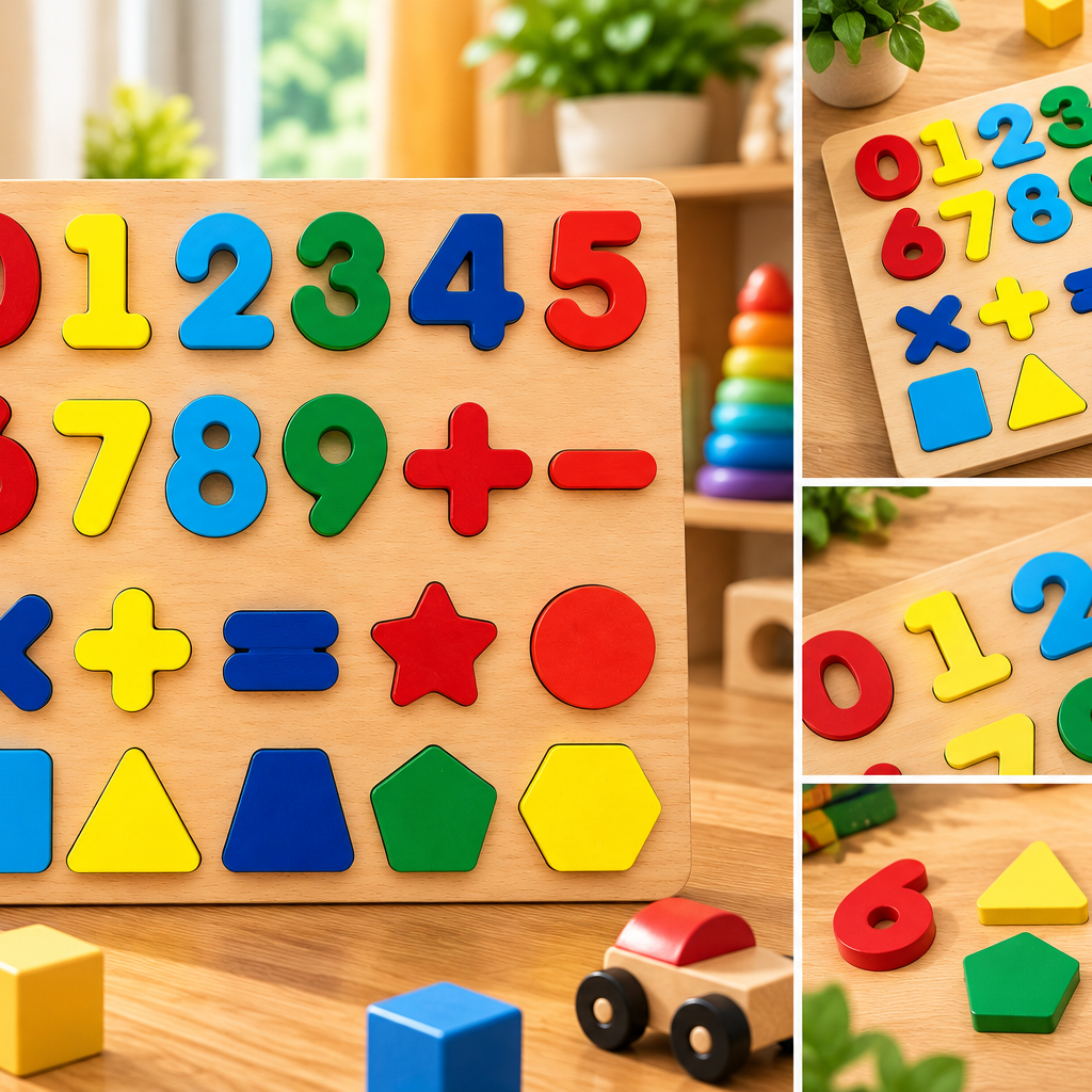Wooden Numbers, Maths Symbols & Shapes Learning Puzzle Board for Kids – Colourful Early Educational Toy