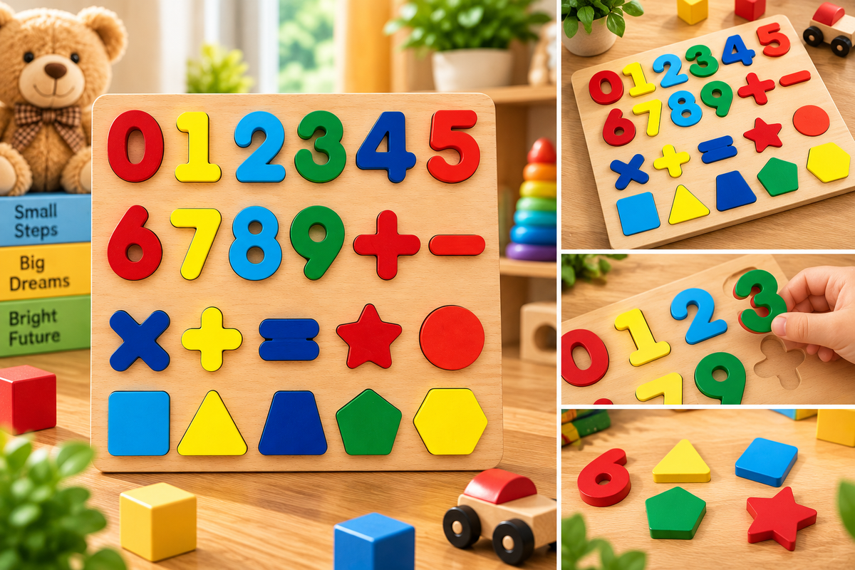Wooden Numbers, Maths Symbols & Shapes Learning Puzzle Board for Kids – Colourful Early Educational Toy