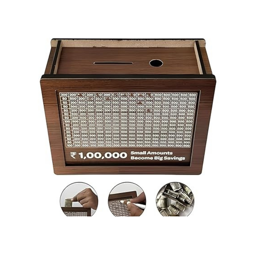 Wooden Piggy Bank with ₹1,00,000 Savings Chart – Goal Tracker Box