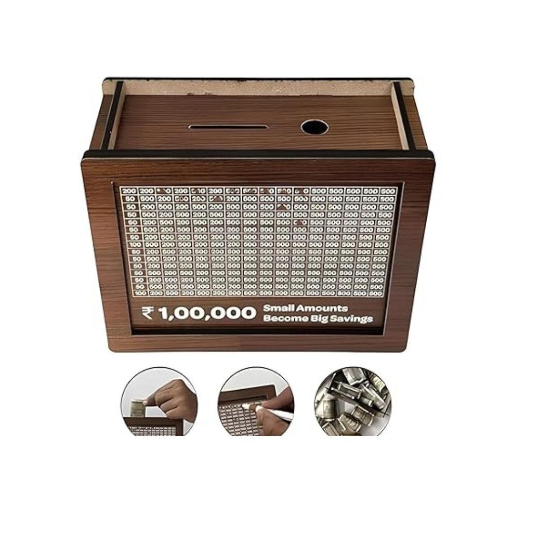 Wooden Piggy Bank with ₹1,00,000 Savings Chart – Goal Tracker Box
