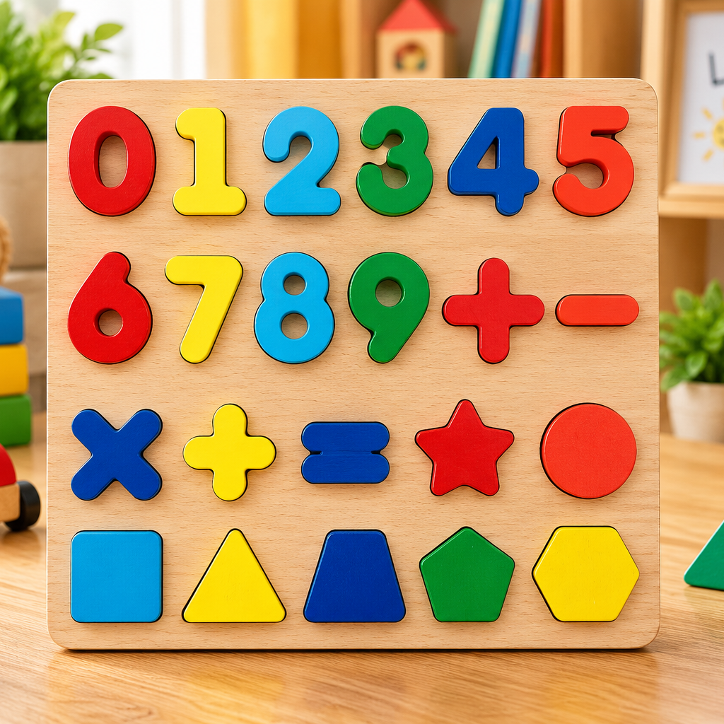 Wooden Numbers, Maths Symbols & Shapes Learning Puzzle Board for Kids – Colourful Early Educational Toy