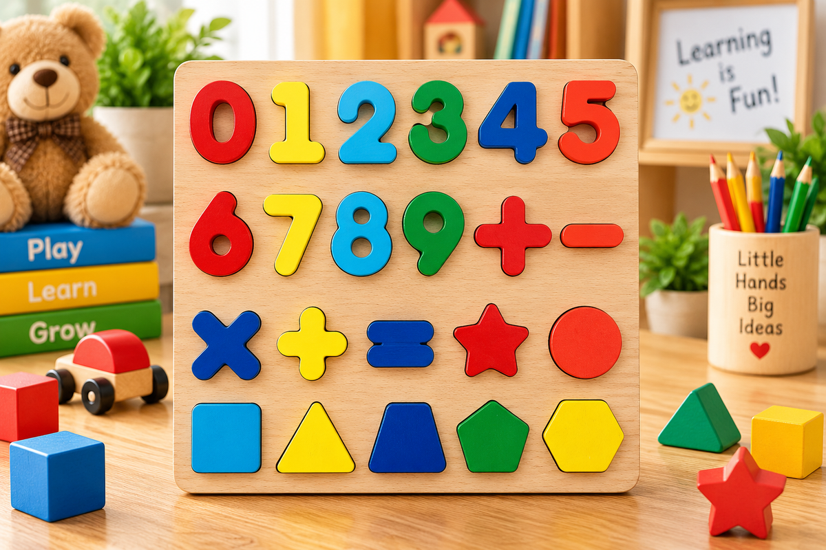 Wooden Numbers, Maths Symbols & Shapes Learning Puzzle Board for Kids – Colourful Early Educational Toy