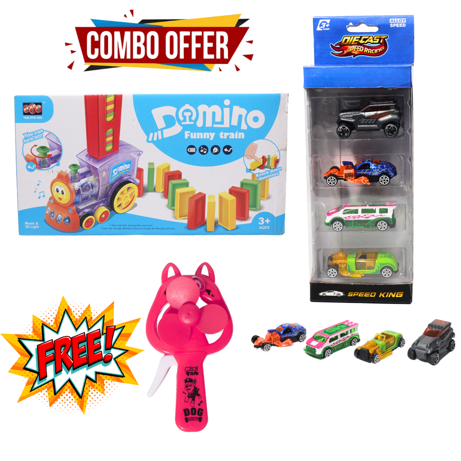 Domino Train Combo and Free Fan | Domino Train Set with 60 Pcs | 4 Die Metal Car Set | Free Hand Fan | Building Blocks for Kids 3-12