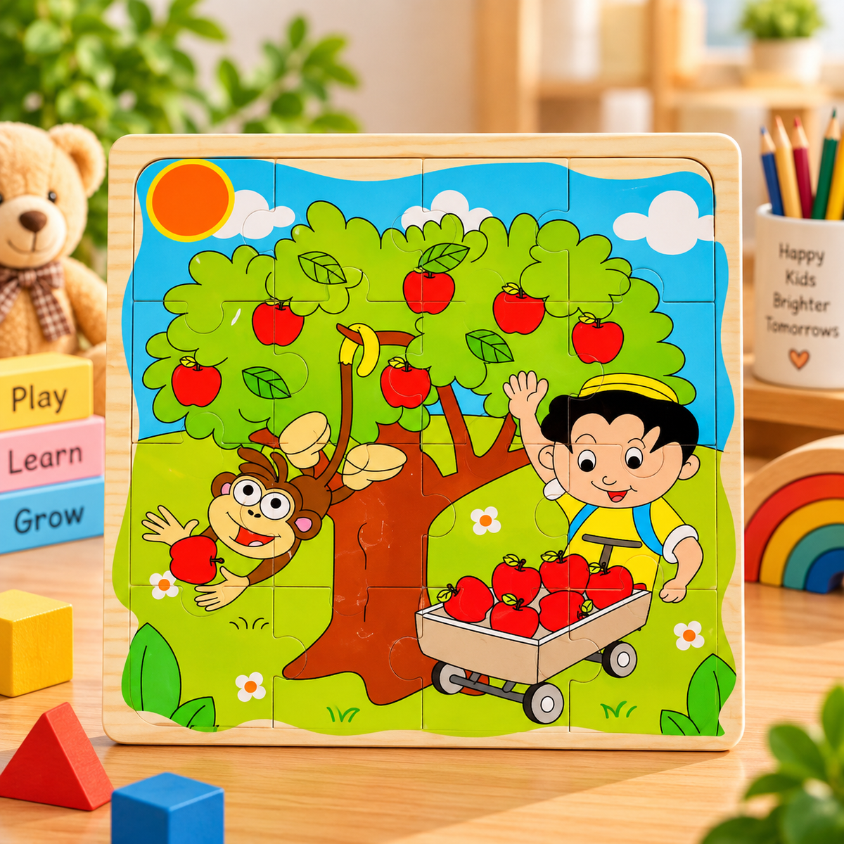 Colourful Wooden Apple Orchard Jigsaw Puzzle for Kids – Educational Picture Puzzle & Brain Development Toy