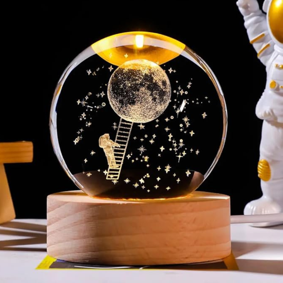 Galaxy 3D Crystal Ball Night Light with Wooden Base- Random Design