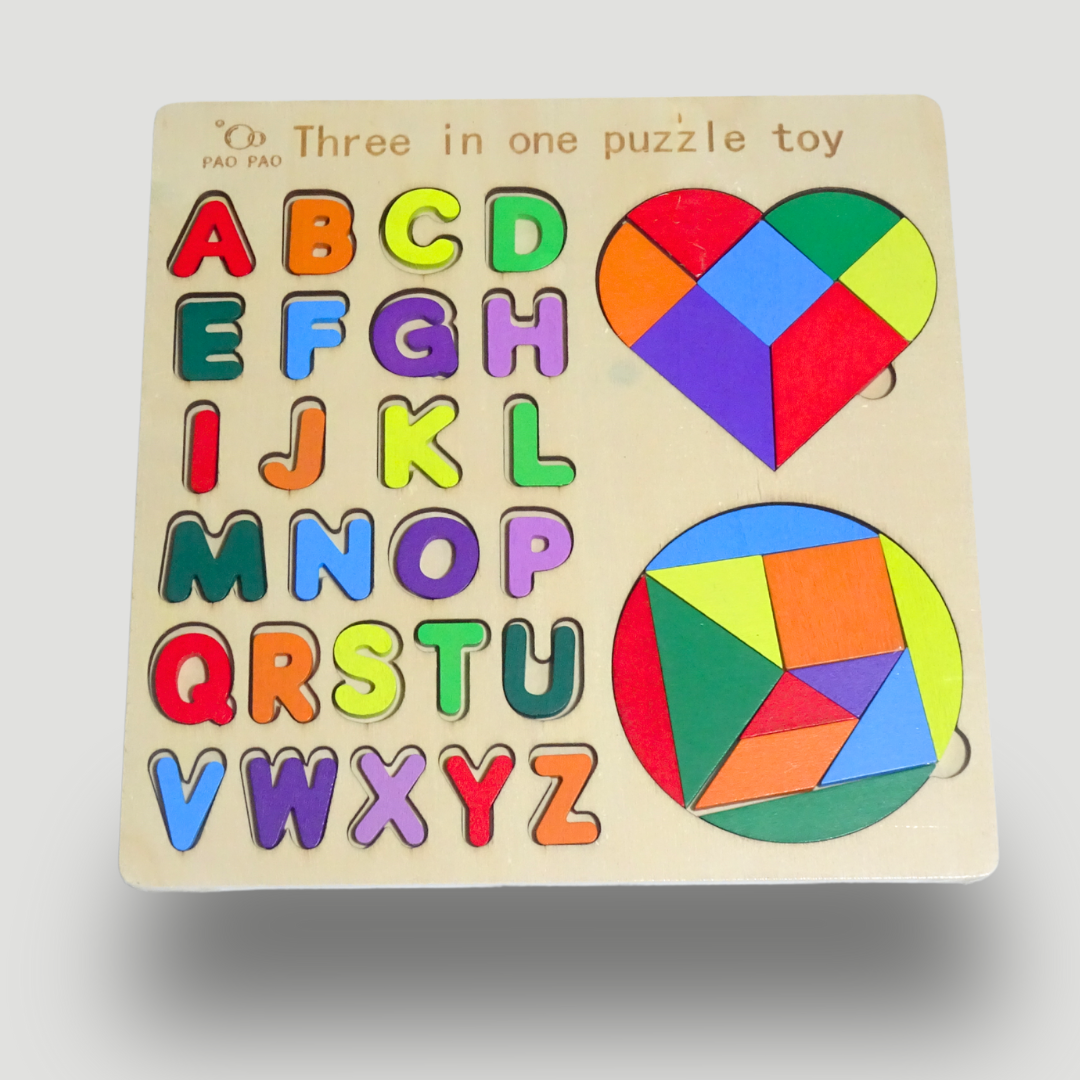 Three-in-One Puzzle with Alphabets, Shapes & Puzzle Pieces – KidsBestie Educational Essential!