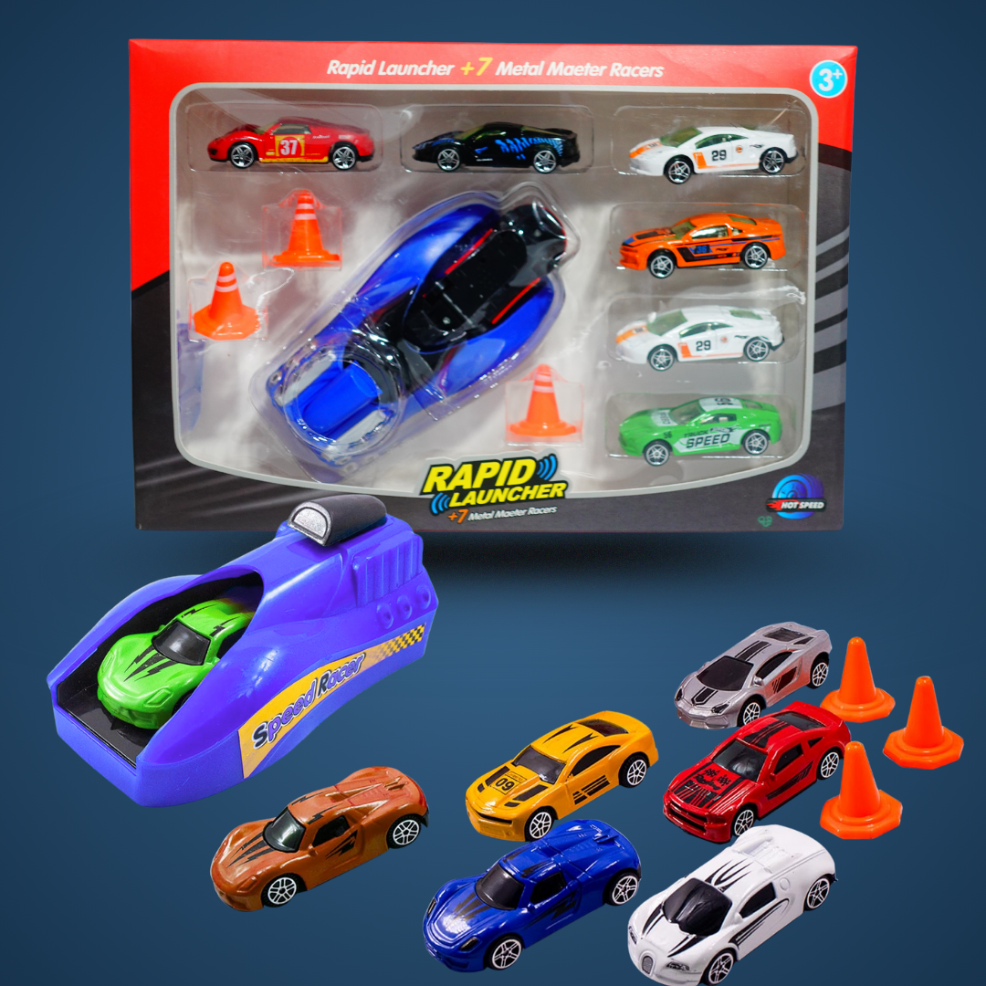 Rapid Launcher + 7 Metal Monster Racers Set | High-Speed Racing Action