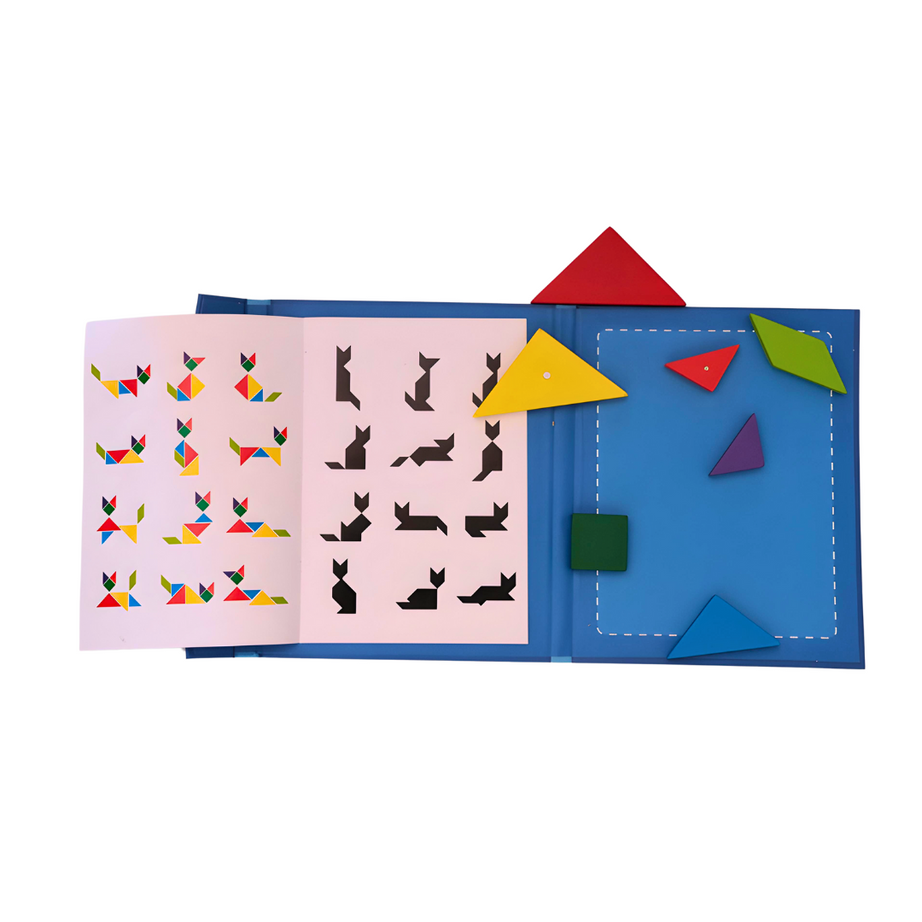 Wooden Tangram Travel Game Pack of 2 Magnetic Puzzle Book Game Tangrams Jigsaw Shapes with Solution Traveler Challenge IQ Educational Toy for 3-99 Years