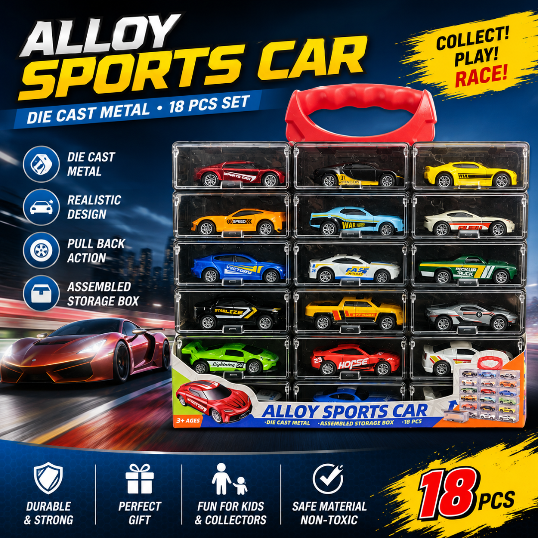 18 Pcs Die-Cast Metal Alloy Sports Car Set with Handle Crystal Case