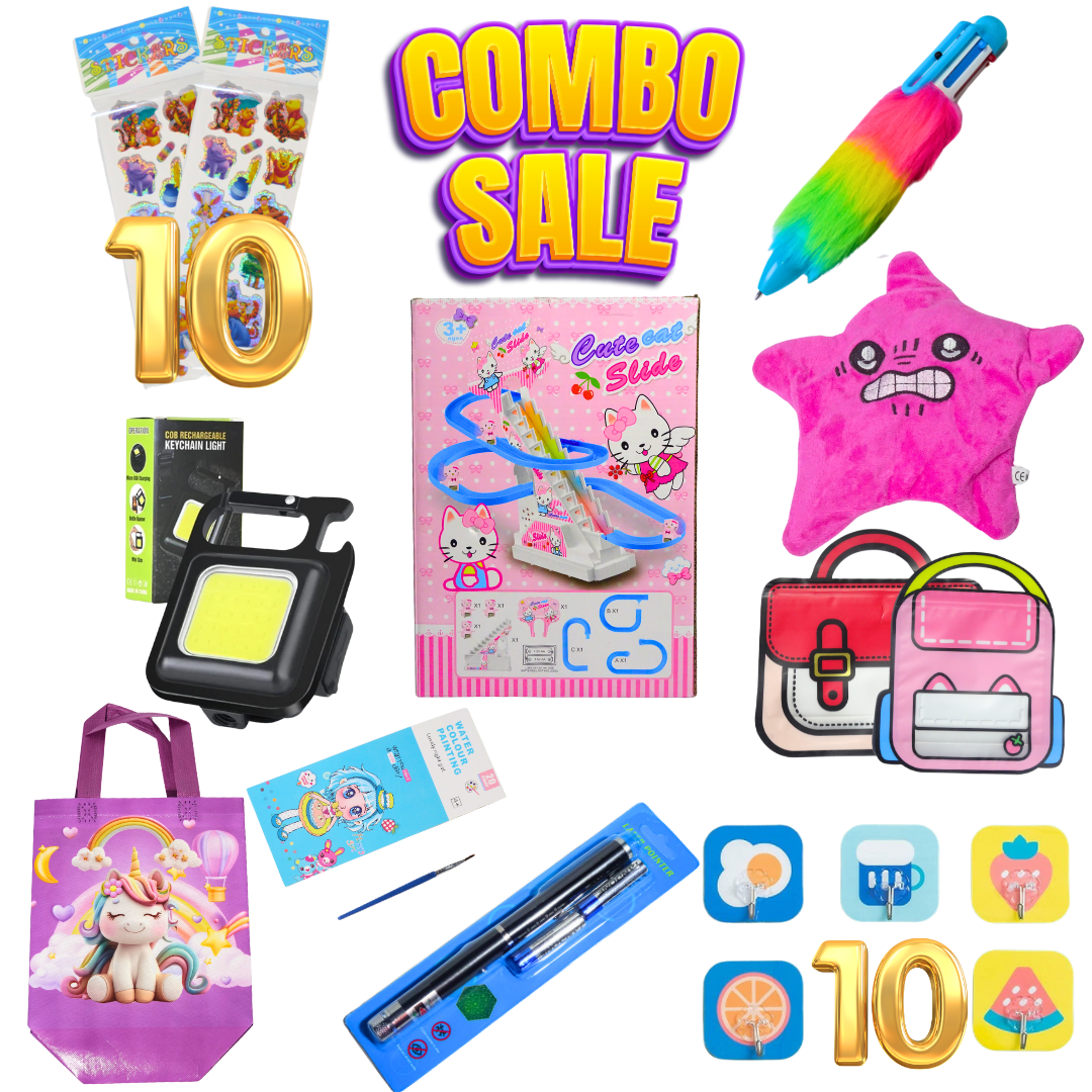 Variety 10 in 1 Combo – Kids Toys, Stationery, Lights, Stickers & More 🎁✨