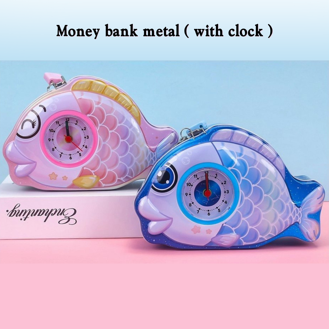 Fish Shaped Metal Money Bank with Clock (Random Colours)